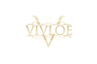Vivloe logo in gradient gold color, Vivloe in capital letters framed by scrolls and a large letter V in bacground
