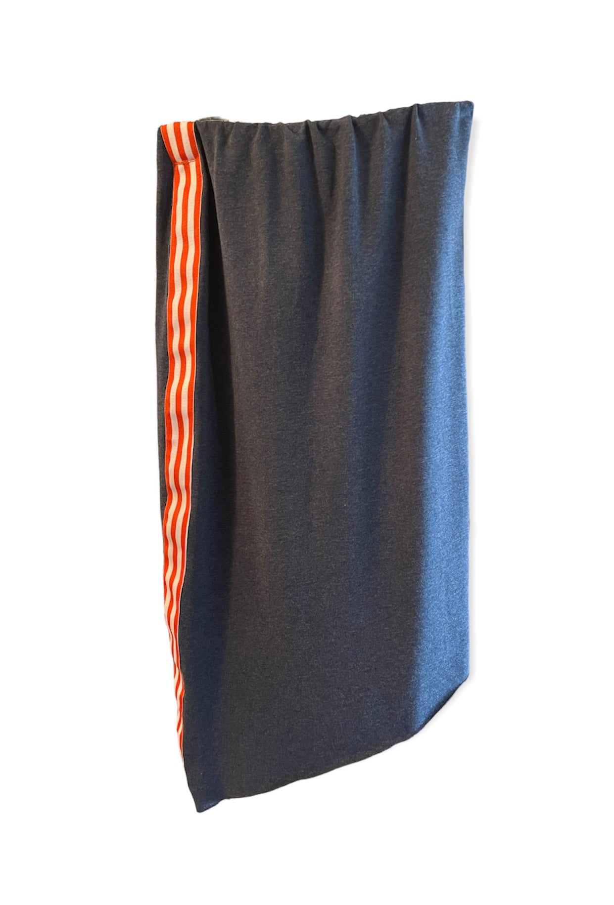 Pull-on knit skirt in French Terry asymmetric hem and contrast side stripe, blue