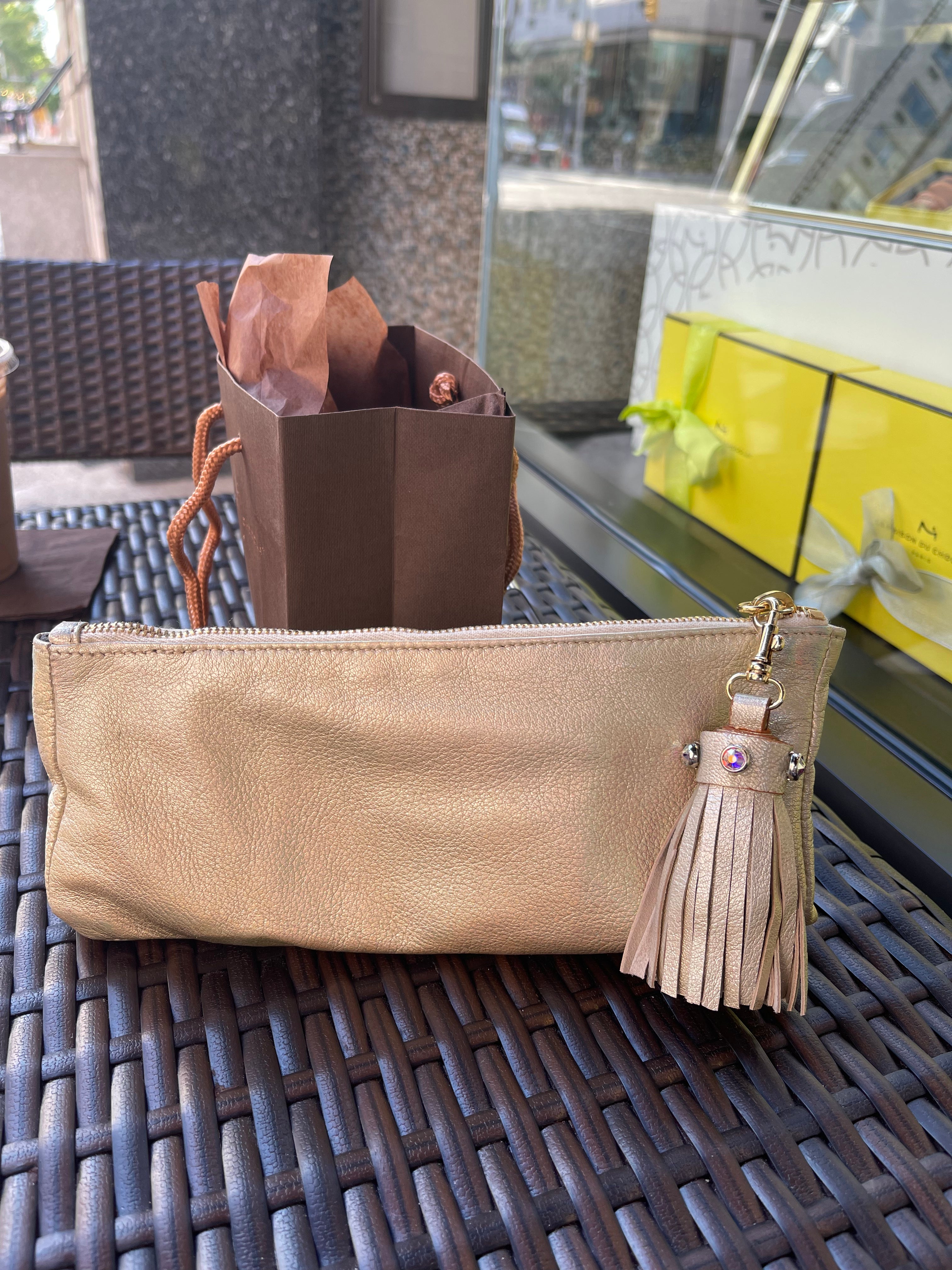 Gold Leather Handbag with Swarovski crystal and leather tassel