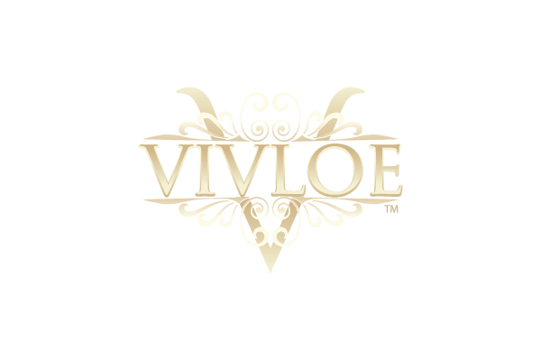 Vivloe logo in gradient gold color, Vivloe in capital letters framed by scrolls and a large letter V in bacground