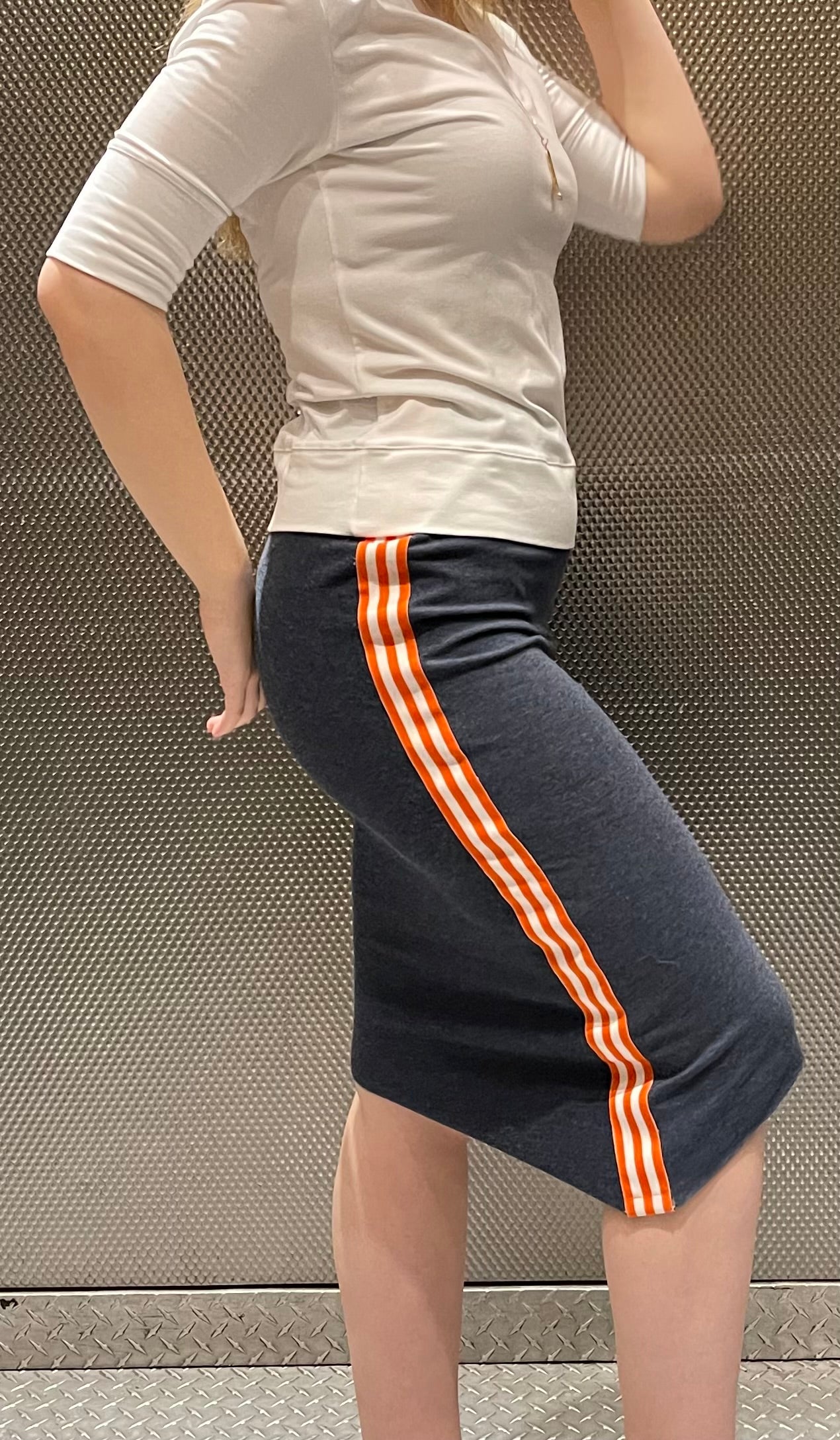 Ambassador skirt in Deep Ocean Blue with side stripe (orange and cream), pull-on skirt, elastic waist, French Terry, asymmetrical hem, raw edge