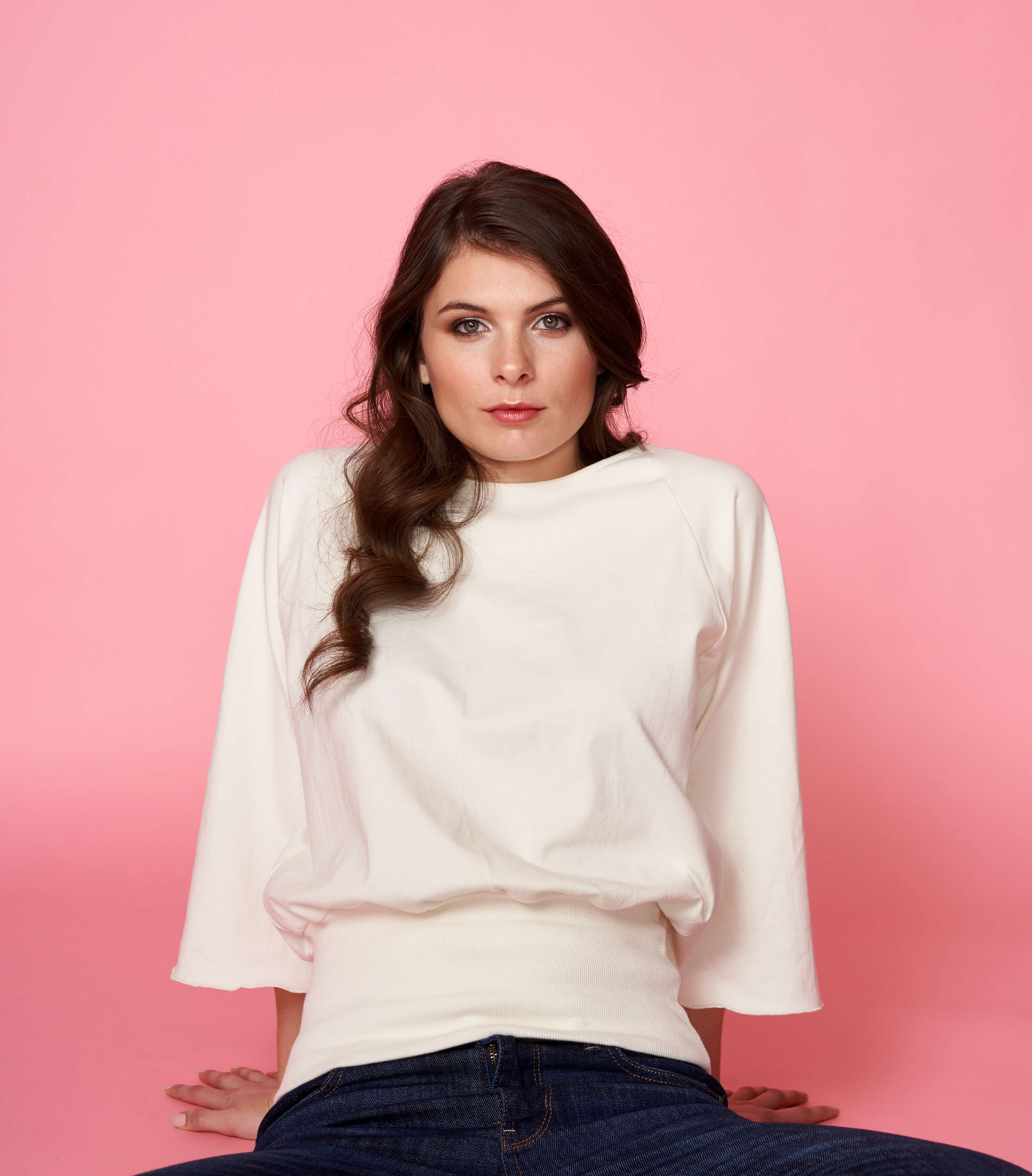 Ladies pull over cotton spandex top in Gardenia color raglan three quarter sleeves wide rib waistband
