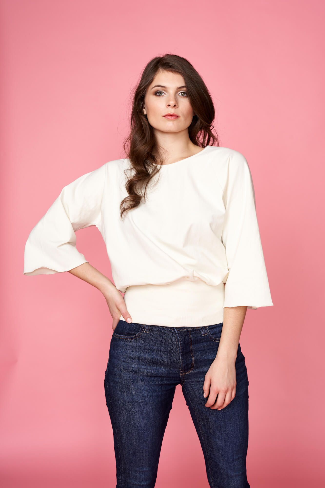 Ladies cotton spandex knit pull over top in raglan three quarter sleeve with wide rib waistband