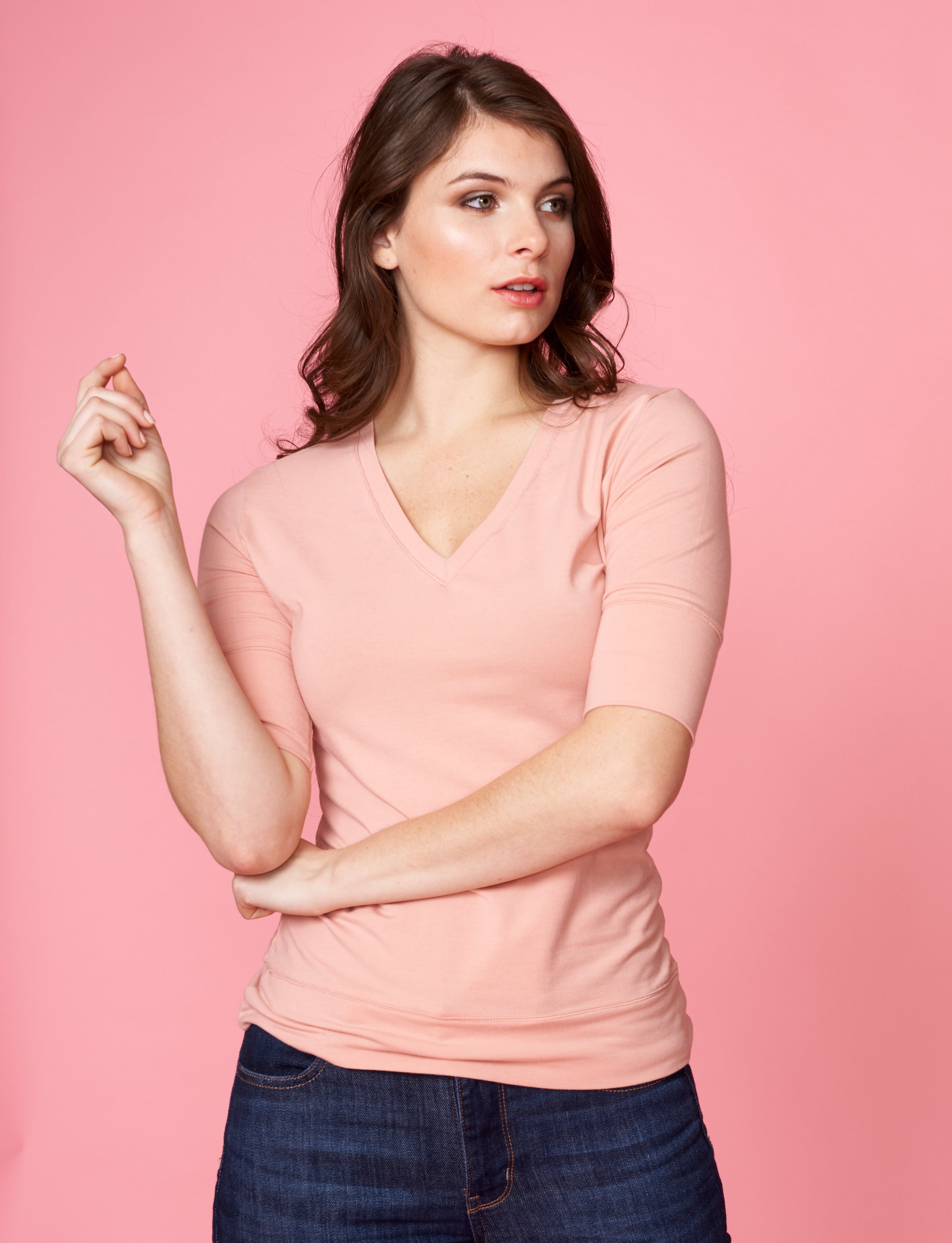 Pink Champagne V-neck half sleeve cotton spandex fitted t-shirt