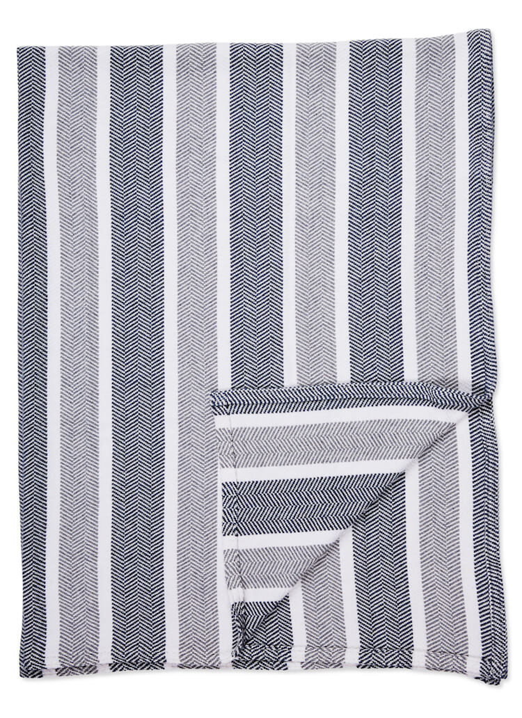 Cotton and cashmere throw blanket in grey and white herringbone stripes