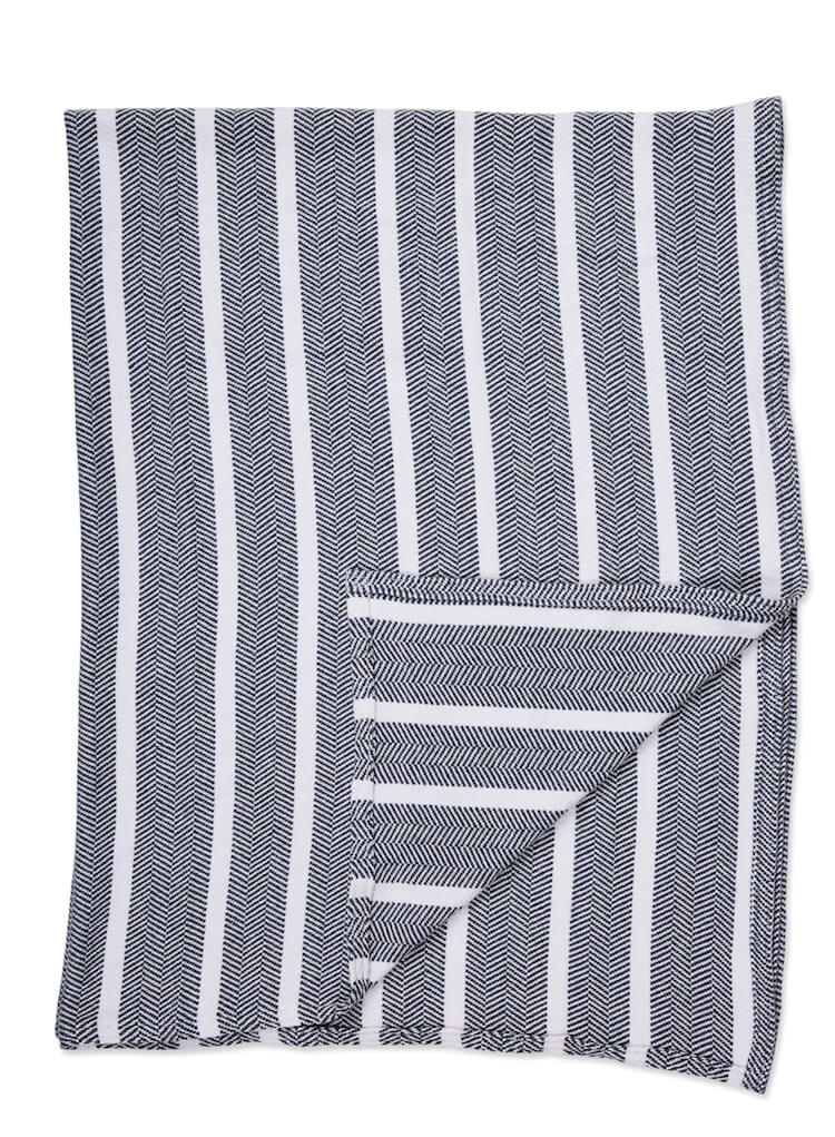 Cotton and cashmere throw blanket in white and grey herringbone stripes