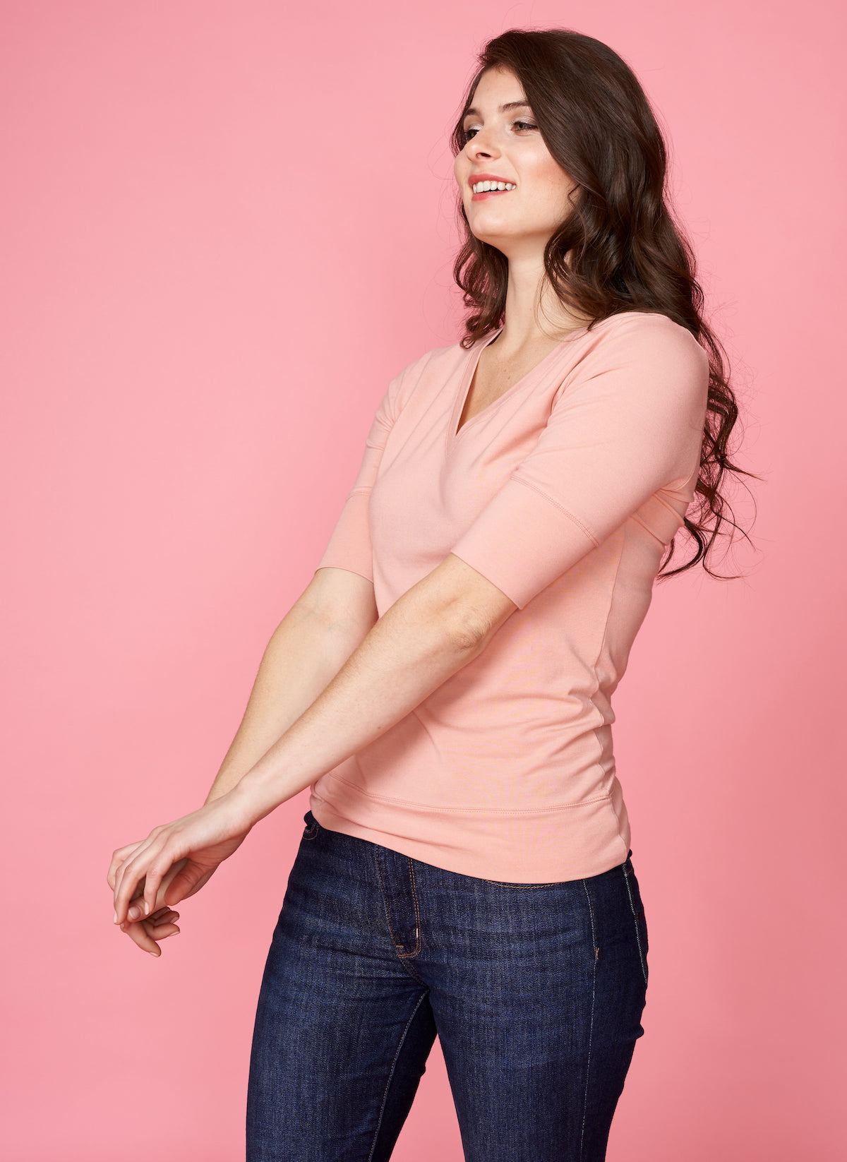 V neck half sleeve fitted t-shirt in cotton spandex in pink champagne color